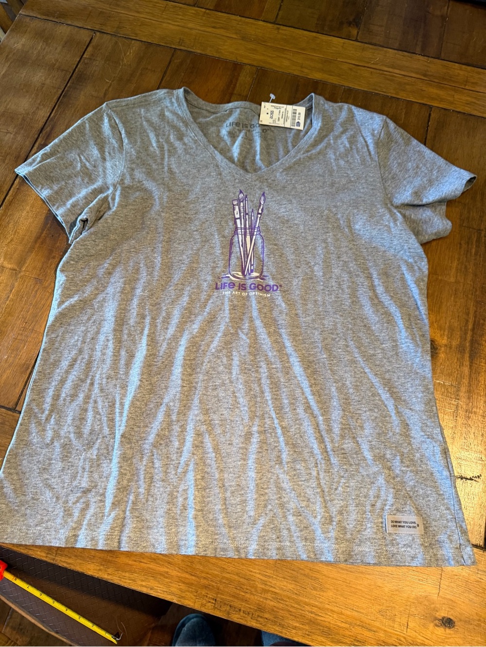 Life Is Good Gray V-Neck Tee with Purple Art Brush Graphic